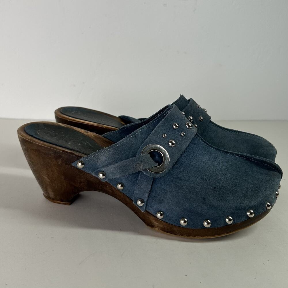 ETRE Blue Suede Studded Wooden Clog Mules Made in Italy US 8 Retro Festival Boho
